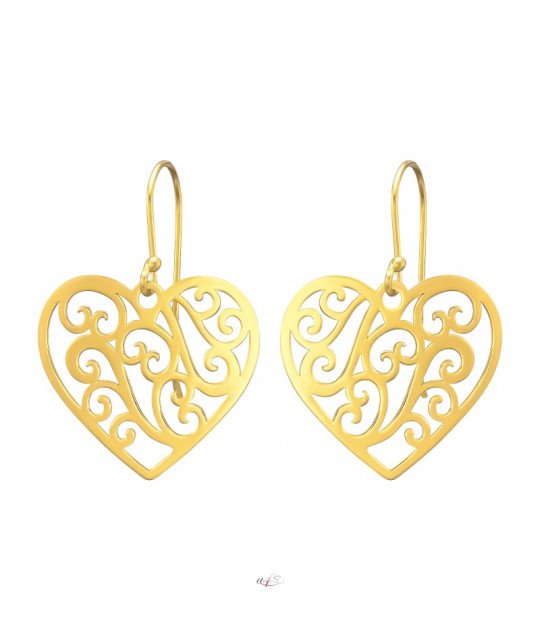 Silver plain earrings, Golden heart filigree