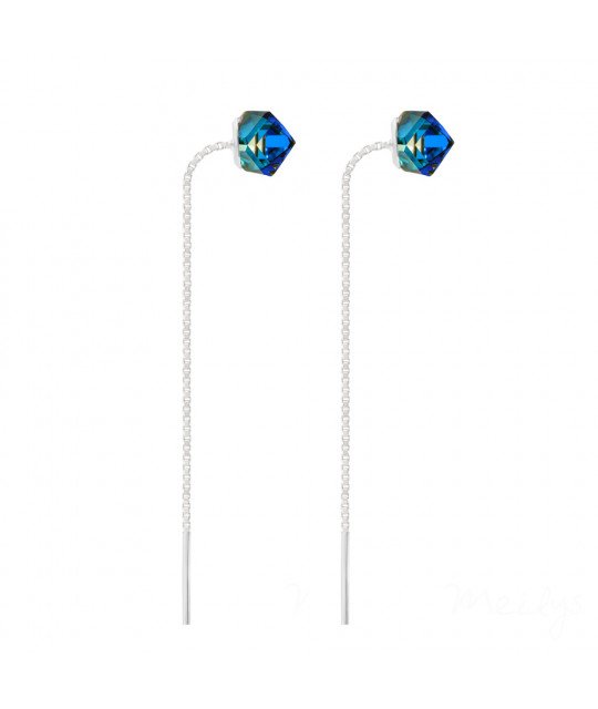 Cube silver chain earrings with Crystal, Bermuda Blue