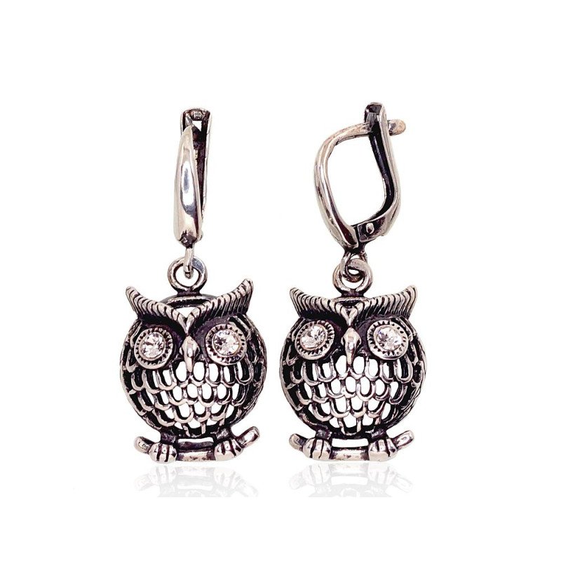 Silver earrings with 'english' lock, Silver 925°, oxide (Plating), Zirkons