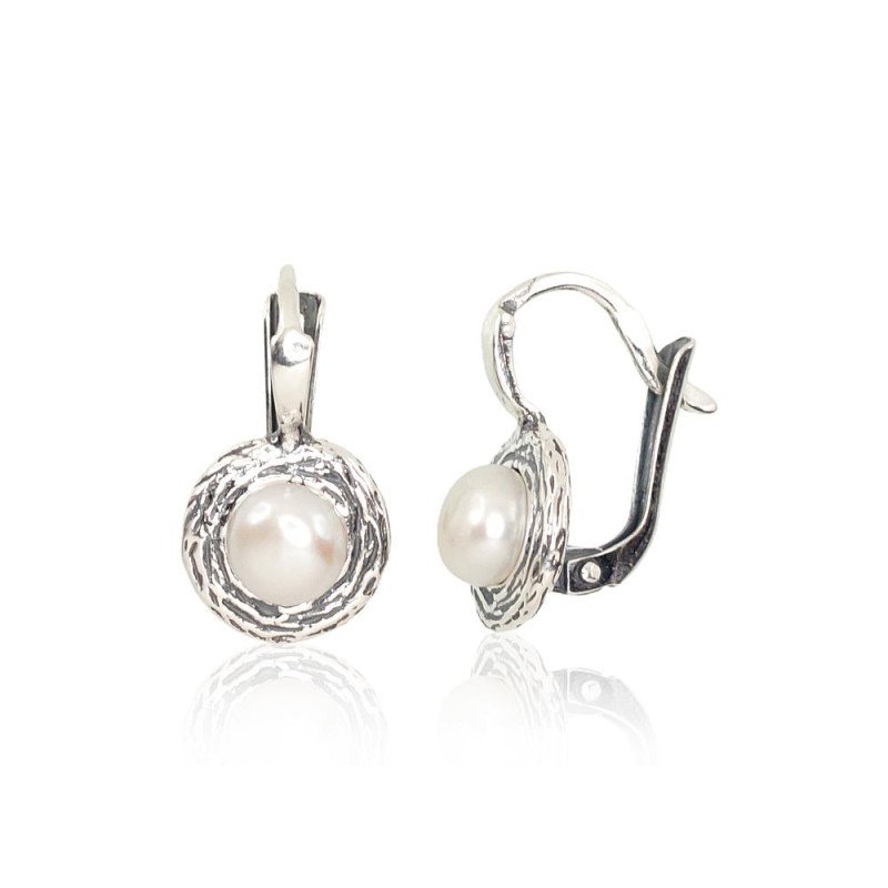Silver earrings with 'english' lock, Silver 925°, oxide (Plating), Fresh-water Pearl