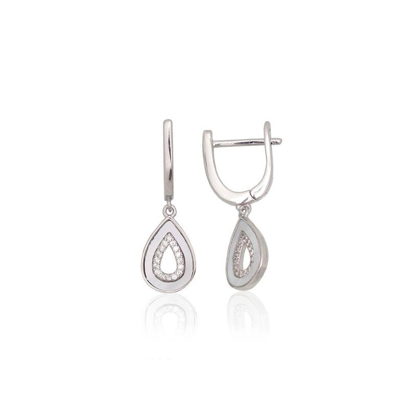 Silver earrings with 'english' lock, Silver 925°, Rhodium (Plating), Zirkons, Mother-of-pearl