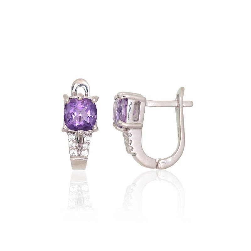 Silver earrings, Silver 925°, Rhodium (Plating), Zirkons, Amethyst