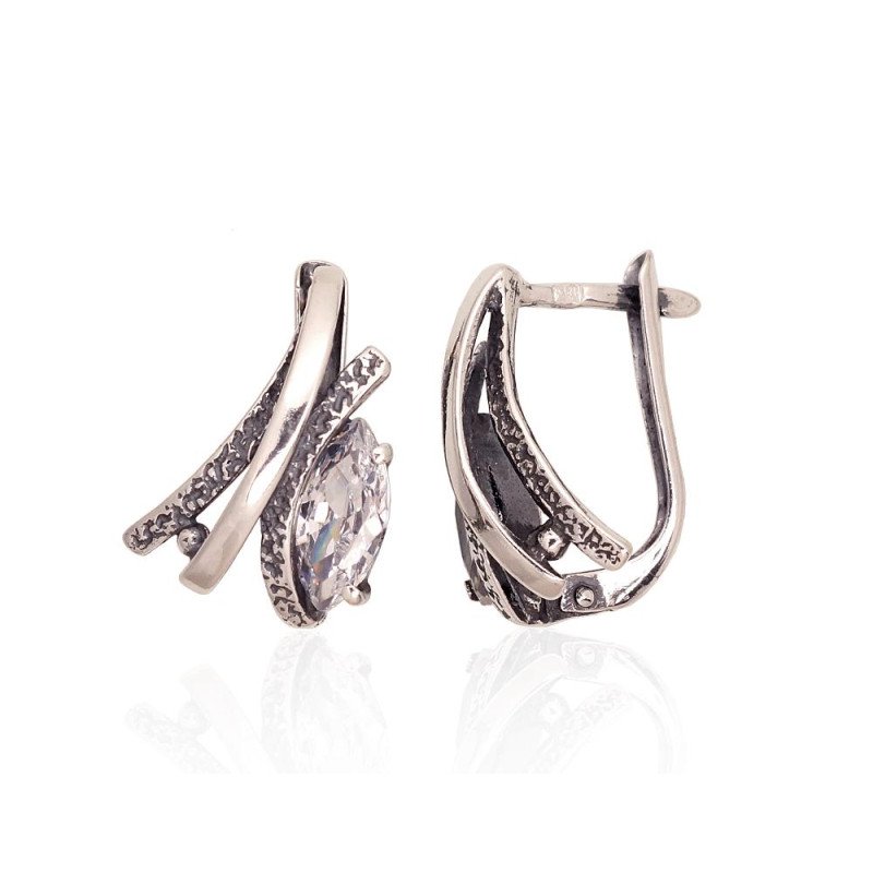 Серебряные серьги на английском замке, Серебро 925°, оксид (покрытие), Цирконы