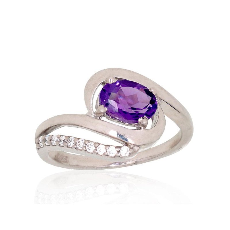Silver ring, Silver 925°, Rhodium (Plating), Zirkons, Amethyst