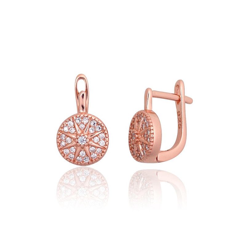 Silver earrings with 'english' lock, Silver 925°, red gold (Plating), Zirkons