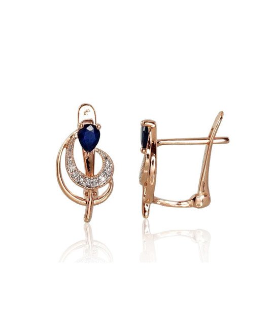 Gold earrings with 'english' lock, Red Gold 585°, Rhodium (Plating), Diamonds, Sapphire