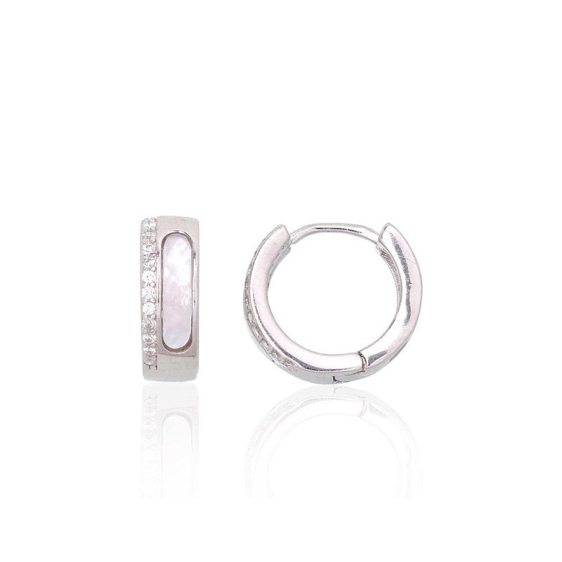 Silver hoop earrings, Silver 925°, Rhodium (Plating), Zirkons, Mother-of-pearl
