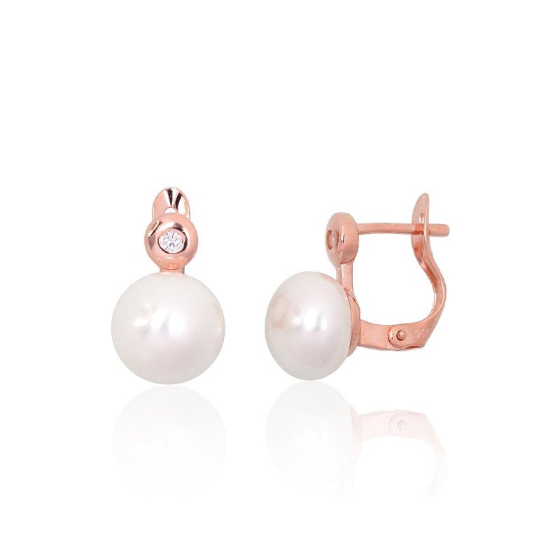 'Inglise' sulguriga hõbekõrverõngad, Hõbe 925°, punane kuld (kate), Tsirkonid, Pärlitest