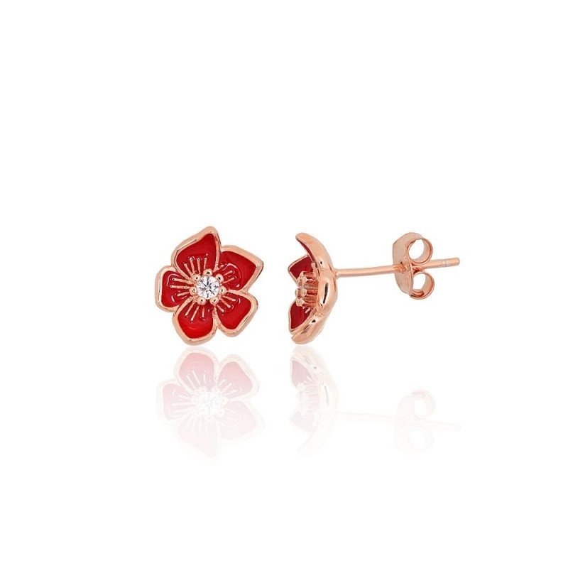 Серебряные серьги-пуссеты, Серебро 925°, красное золото (покрытие), Цирконы, Ювелирная эмаль