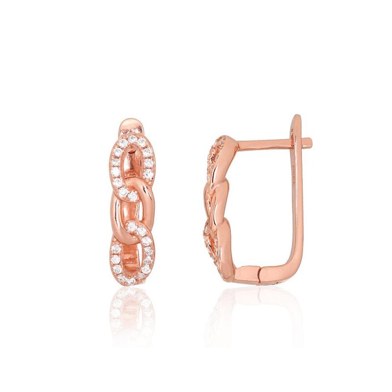 Silver earrings with 'english' lock, Silver 925°, red gold (Plating), Zirkons