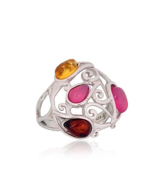 Серебряное кольцо, Серебро 925°, родий (покрытие), Аметист, Янтарь