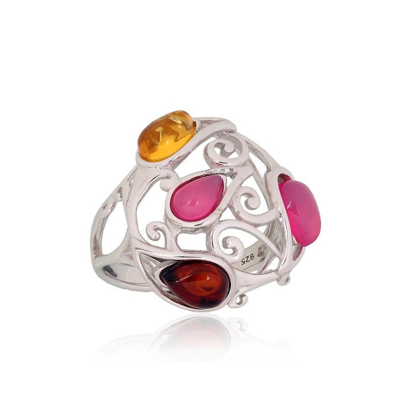 Серебряное кольцо, Серебро 925°, родий (покрытие), Аметист, Янтарь