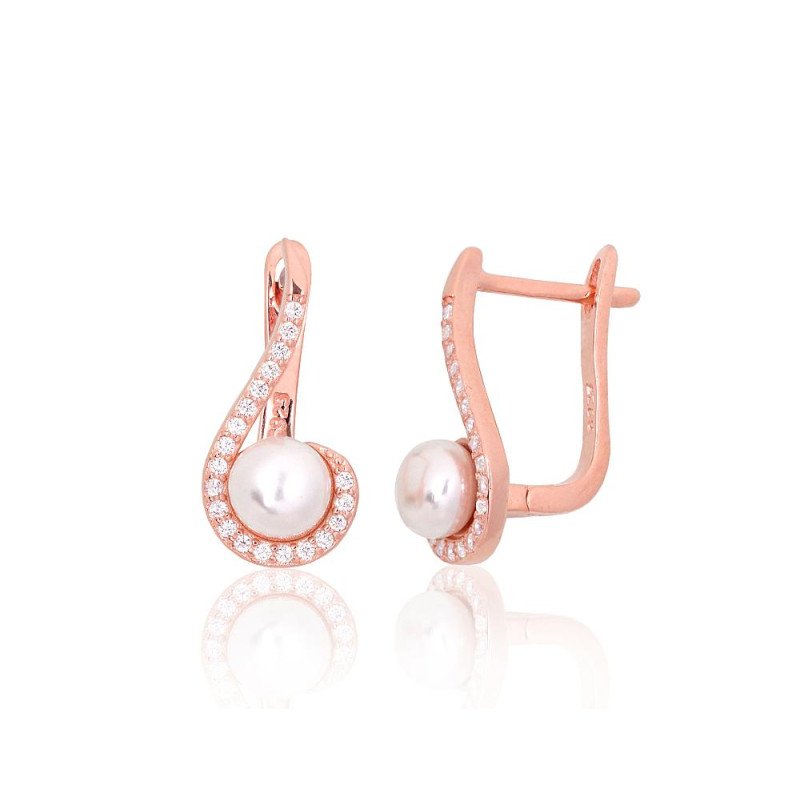 'Inglise' sulguriga hõbekõrverõngad, Hõbe 925°, punane kuld (kate), Tsirkonid, Pärlitest