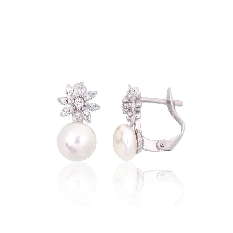 Silver earrings with 'english' lock, Silver 925°, Rhodium (Plating), Zirkons, Fresh-water Pearl