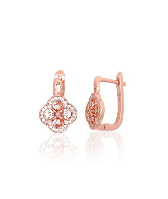 Серебряные серьги на английском замке, Серебро 925°, красное золото (покрытие), Цирконы