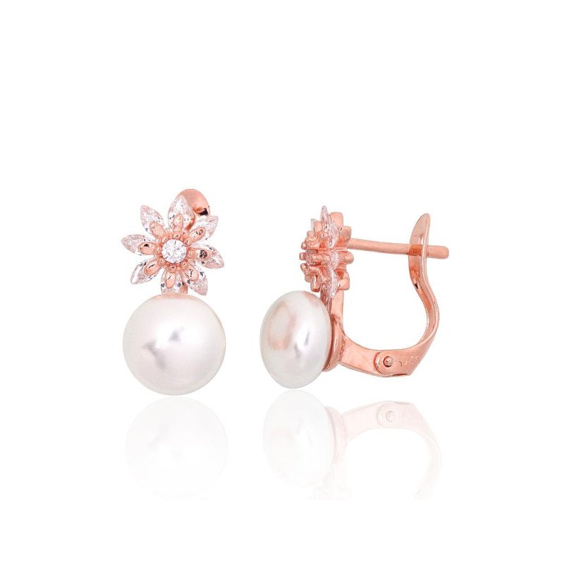 Серебряные серьги на английском замке, Серебро 925°, красное золото (покрытие), Цирконы, Жемчуг