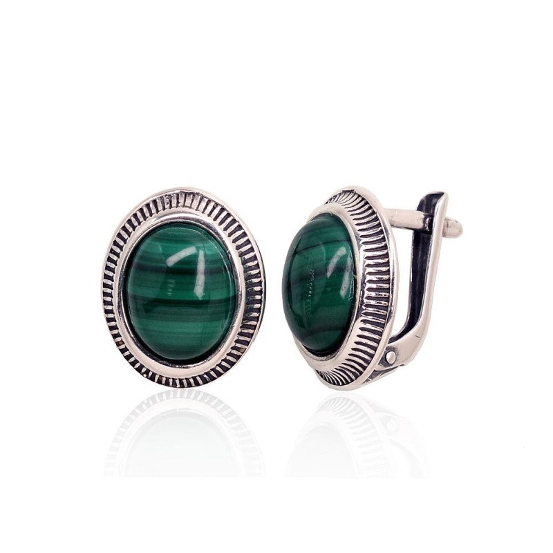 Silver earrings with 'english' lock, Silver 925°, oxide (Plating), Malachite