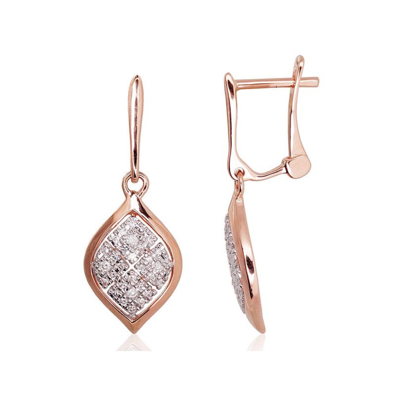 Gold earrings with 'english' lock, Red Gold 585°, Rhodium (Plating), Diamonds