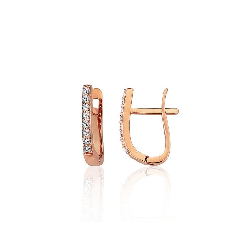 Золотые серьги на английском замке, Красное Золото 585°, Цирконы