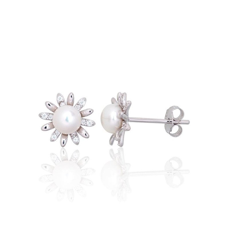 Silver stud earrings, Silver 925°, Rhodium (Plating), Zirkons, Fresh-water Pearl