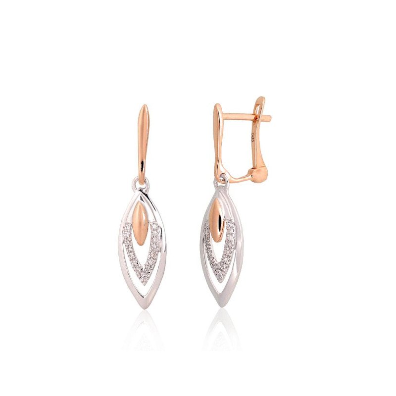 Золотые серьги на английском замке, Красное/Белое Золото 585°, Бриллианты