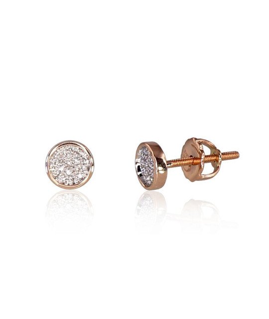 Gold screw studs earrings, Red Gold 585°, Rhodium (Plating), Diamonds