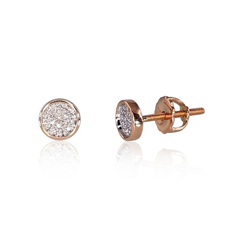 Gold screw studs earrings, Red Gold 585°, Rhodium (Plating), Diamonds