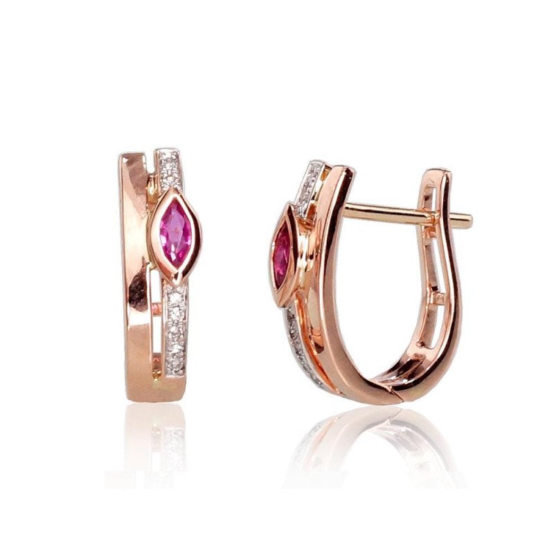 Gold earrings with 'english' lock, Red Gold 585°, Rhodium (Plating), Diamonds, Ruby