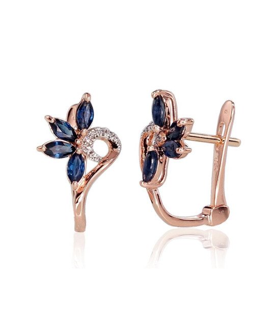 Gold earrings with 'english' lock, Red Gold 585°, Rhodium (Plating), Diamonds, Sapphire