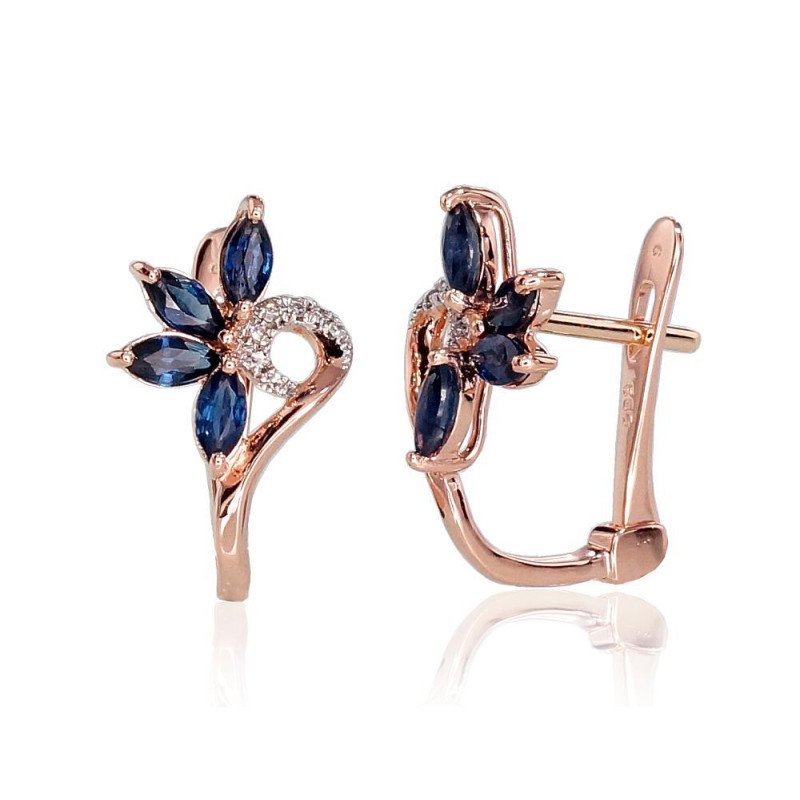 Gold earrings with 'english' lock, Red Gold 585°, Rhodium (Plating), Diamonds, Sapphire