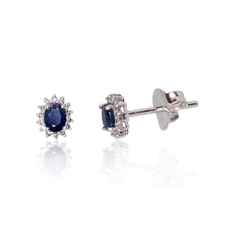Gold classic studs earrings, White Gold 585°, Diamonds, Sapphire