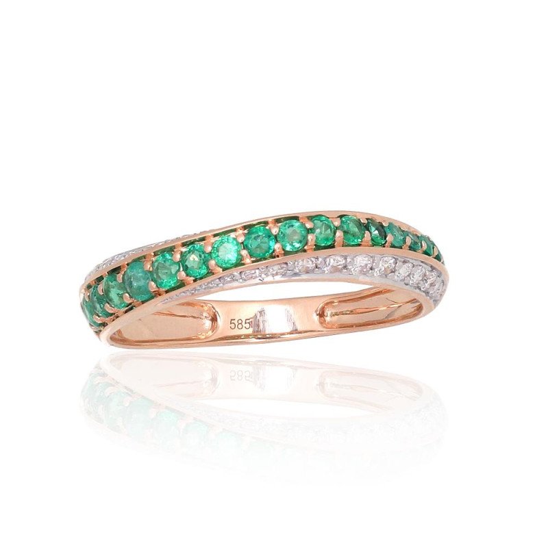 Gold ring, Red Gold 585°, Rhodium (Plating), Diamonds, Emerald
