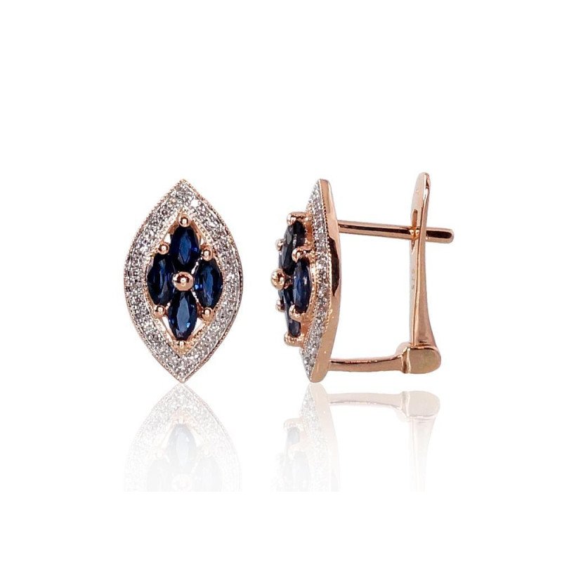 Gold earrings with 'english' lock, Red Gold 585°, Rhodium (Plating), Diamonds, Sapphire