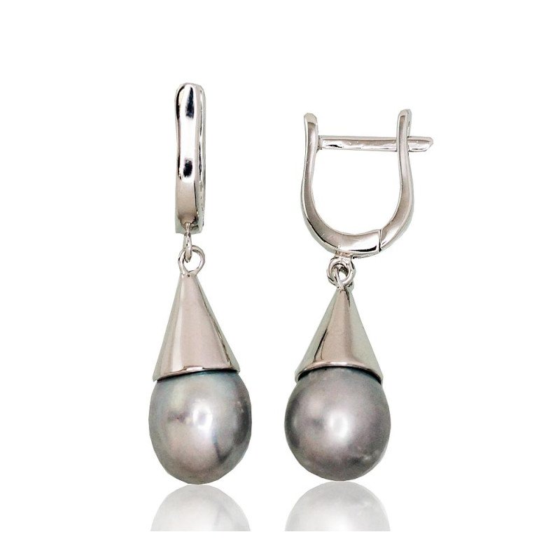 Silver earrings with 'english' lock, Silver 925°, Rhodium (Plating), Fresh-water Pearl