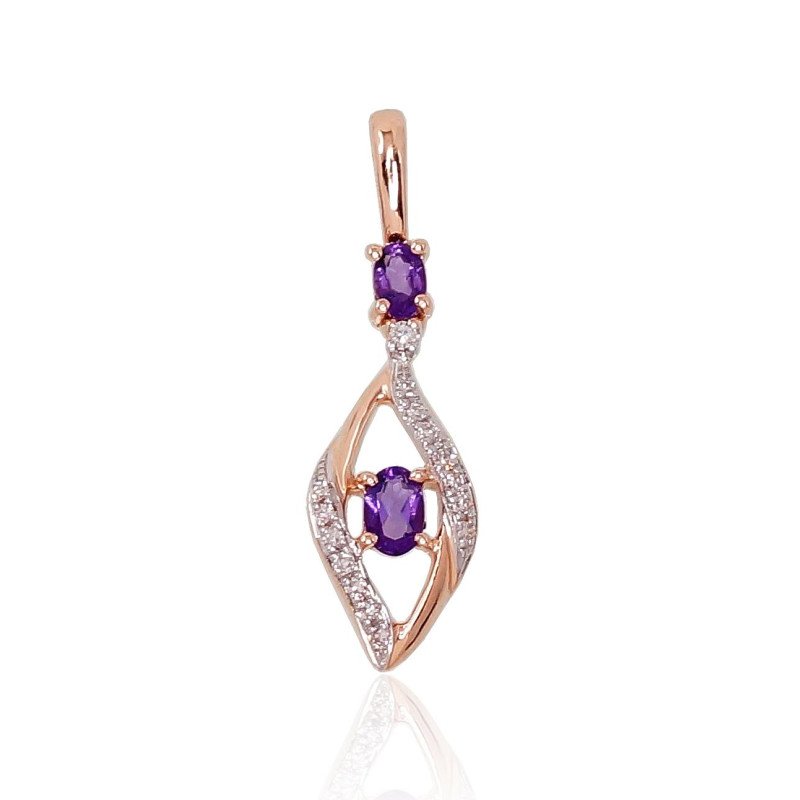 Gold pendant, Red Gold 585°, Rhodium (Plating), Diamonds, Amethyst
