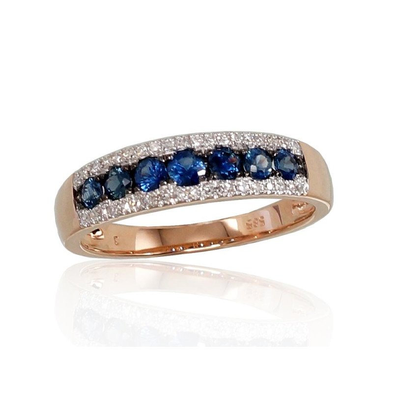 Gold ring, Red Gold 585°, Rhodium (Plating), Diamonds, Sapphire