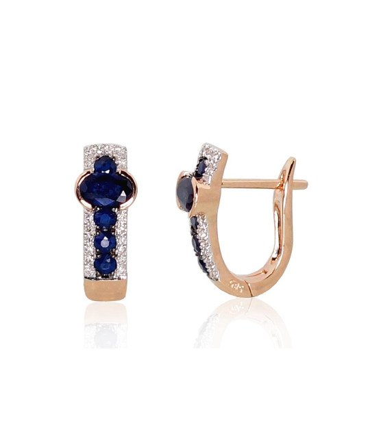 Zelta auskari ar 'angļu' slēdzēju, Sarkanais Zelts 585°, rodijs (pārklājums), Briljanti, Safīrs