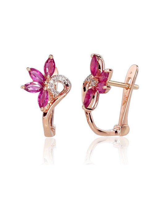 Gold earrings with 'english' lock, Red Gold 585°, Rhodium (Plating), Diamonds, Ruby