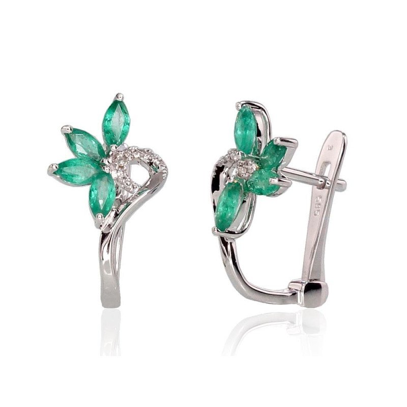 Gold earrings with 'english' lock, White Gold 585°, Diamonds, Emerald