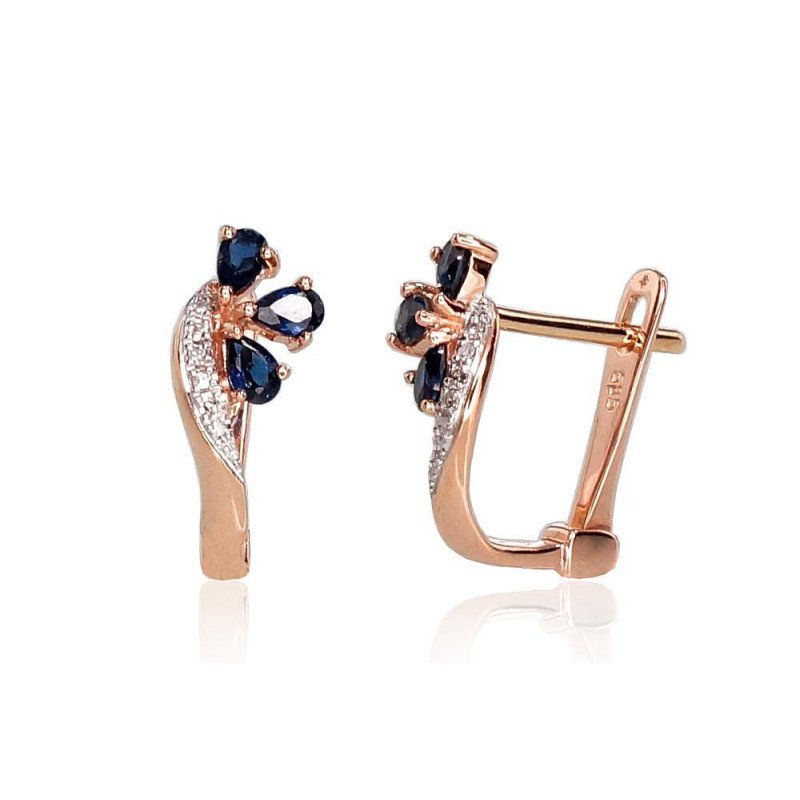 Gold earrings with 'english' lock, Red Gold 585°, Rhodium (Plating), Diamonds, Sapphire