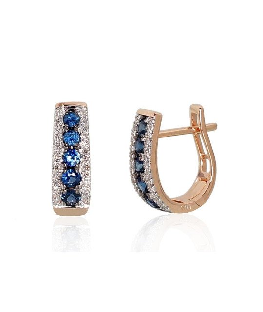 Gold earrings with 'english' lock, Red Gold 585°, Rhodium (Plating), Diamonds, Sapphire