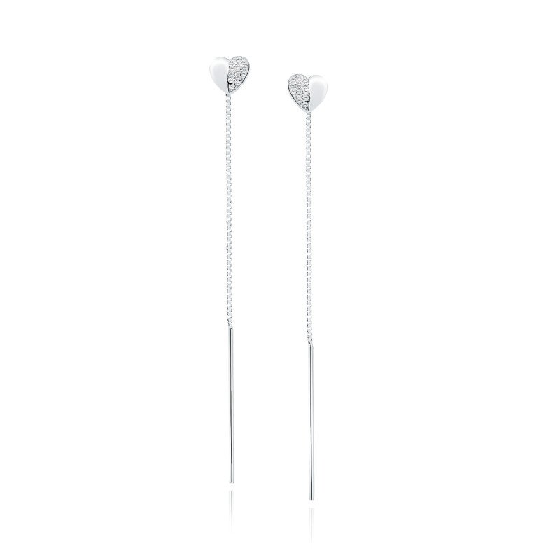 Silver Earrings, Heart With White Zircons