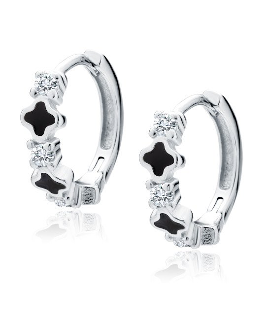 Hõbedased Rõngaskõrvarõngad Valgete Tsirkoonidega Ja Musta Emailiga