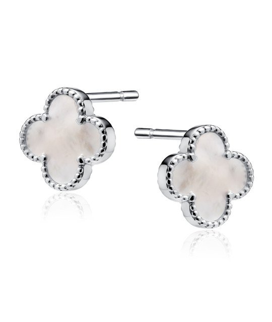 Kultapinnoitetut Hopeiset Korvakorut Helmiäisellä - Nelilehtinen