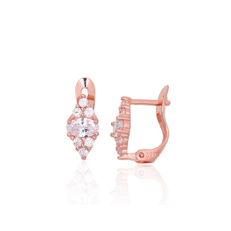 Sidabriniai auskarai ant cilindrinės spynos, Sidabras 925°, raudonas auksas (padengti), Cirkonai