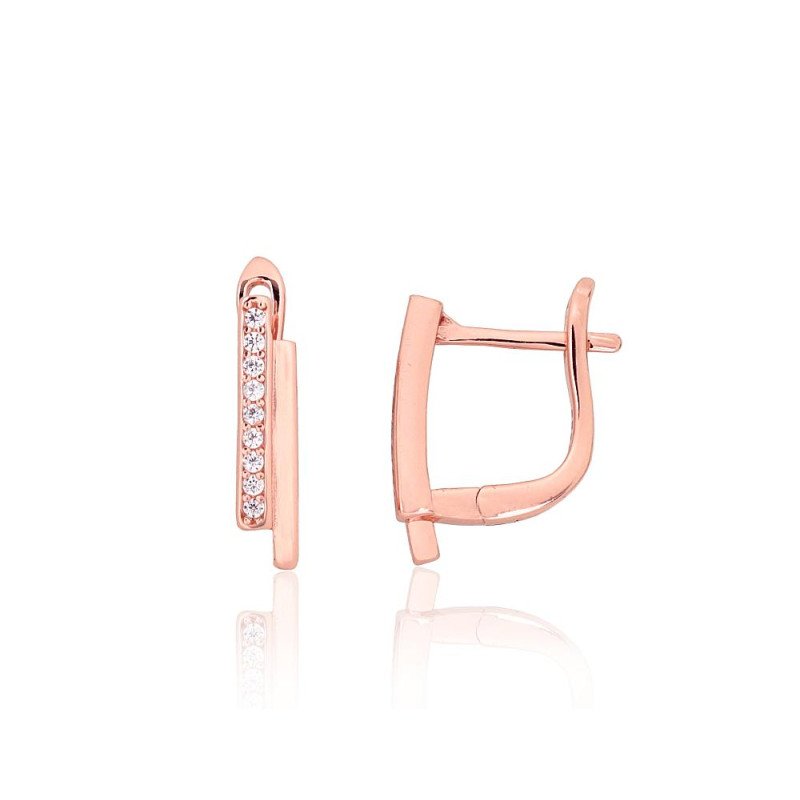 Sidabriniai auskarai ant cilindrinės spynos, Sidabras 925°, raudonas auksas (padengti), Cirkonai