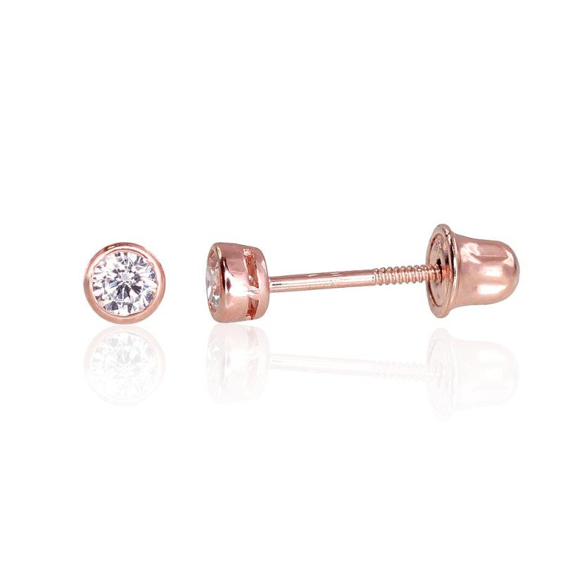 Gold screw studs earrings, Red Gold 585°, Zirkons