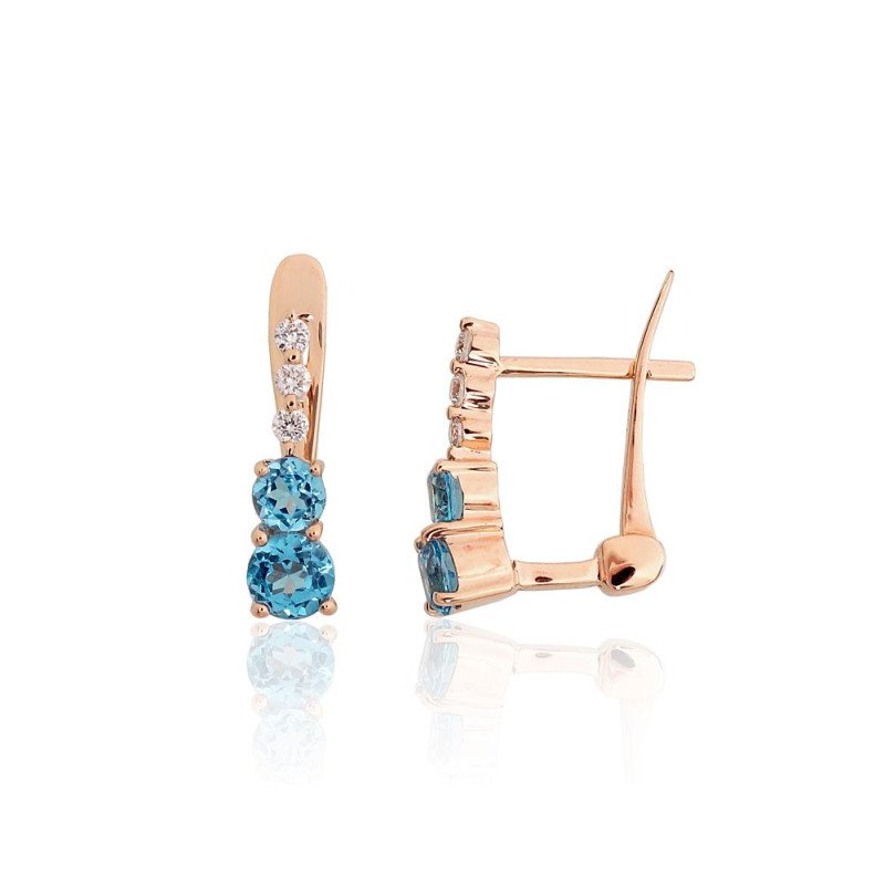 Gold earrings with 'english' lock, Red Gold 585°, Diamonds, Blue Topaz