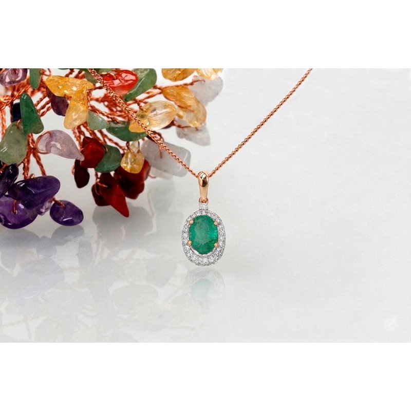 Золотой кулон, Красное Золото 585°, родий (покрытие), Бриллианты, Изумруд