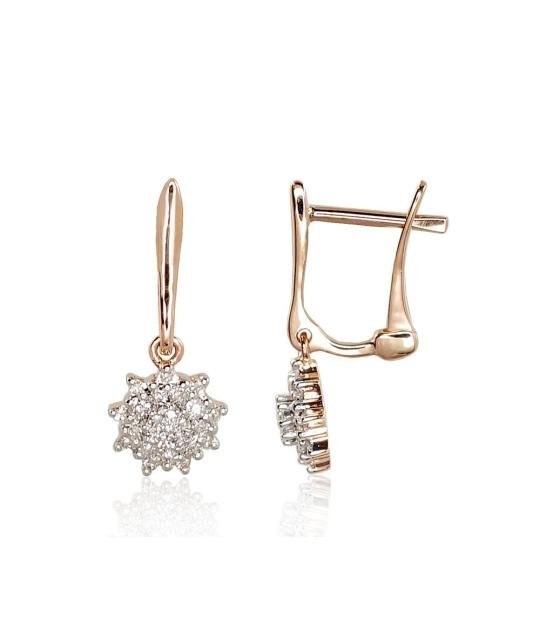 Gold earrings with 'english' lock, Red Gold 585°, Rhodium (Plating), Diamonds